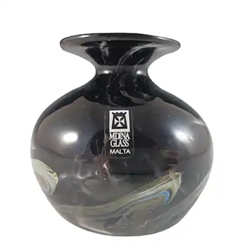 (image for) SIGNED & LABELLED Mdina 'Black & Silver' Maltese Glass Globe Vase