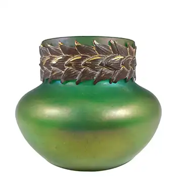 (image for) Art Nouveau Antique Iridescent Green Glass Posy Vase