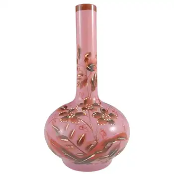 (image for) Victorian Hand Painted / Enamelled Opaque Pink Glass Vase