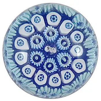 (image for) John Deacons Miniature STK Cane St Kilda Blue Glass Millefiori Paperweight