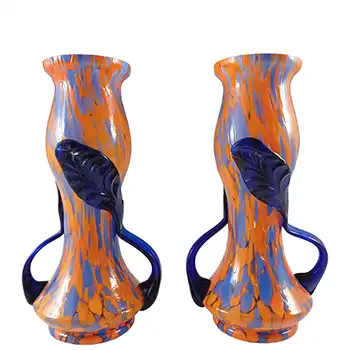 (image for) Pair of Czech Vintage Orange & Blue Spatter Glass Vases