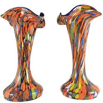 (image for) Czech / Bohemian Pair of Multicoloured Spatter Glass Vases