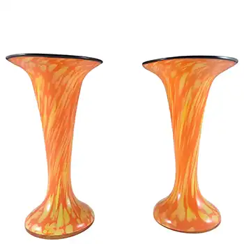 (image for) Welz Pair of Czech / Bohemian Orange, Yellow & Black Spatter Glass Vases