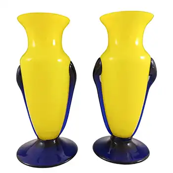 (image for) Czech / Bohemian Pair of Yellow & Blue Tango Glass Vases