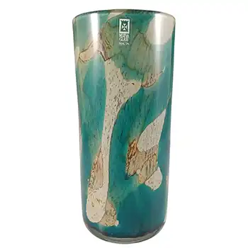 (image for) SIGNED Mdina 'Tiger' Maltese Blue & Brown Glass Cylinder Vase