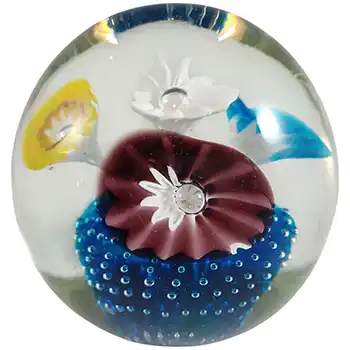 (image for) Fratelli Toso Murano Trumpet Murrine Flower Cane Blue Glass Paperweight