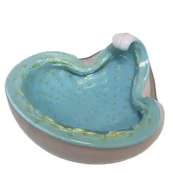 Barbini Murano Gold Leaf Biomorphic Blue Glass Bubble Bowl