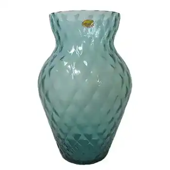 Borske Sklo 9" Turquoise Bohemian Glass Optical 'Caro' Vase