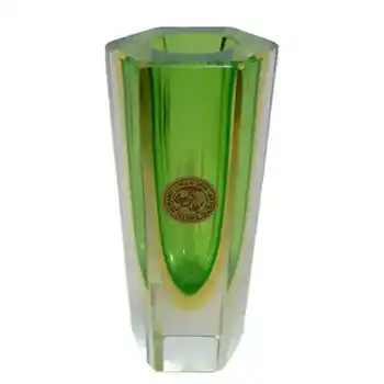 Bucella Cristalli Murano Faceted Green & Amber Sommerso Glass Vase