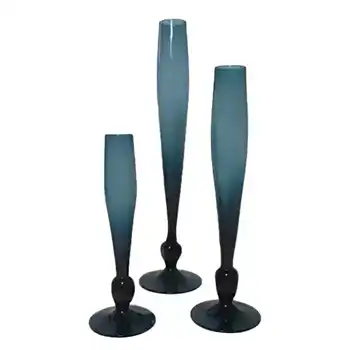 Alsterfors Set of 3 Swedish 1970's Blue Glass Stem Vases