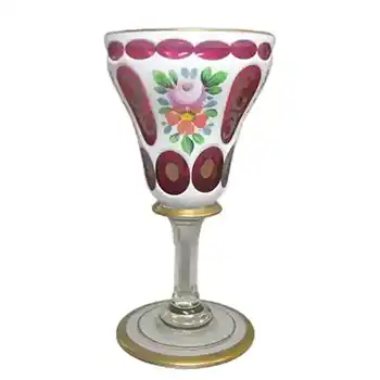 Crystalex Czech Enamelled Pink & White Overlay / Cut Glass Wine Goblet