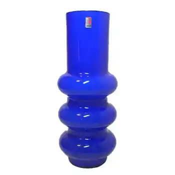 Ryd Glasbruk Swedish / Scandinavian Blue Glass Hooped 10.5" Vase - Label
