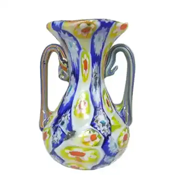Fratelli Toso Millefiori Canes Murano Yellow & Blue Glass Vase