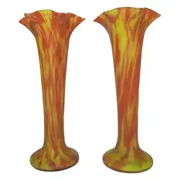 Pair of 1930's Czech Red/Yellow Spatter Glass Vases