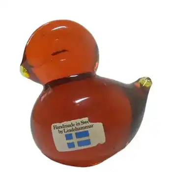 Lindshammar Swedish Orange Glass Bird Paperweight - Labelled