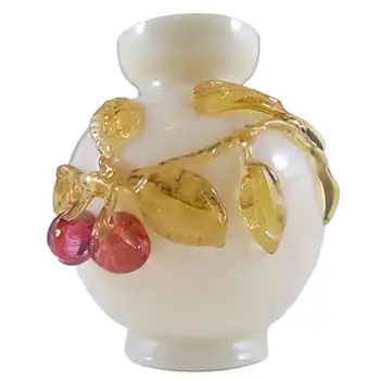 Victorian Uranium Custard Glass Amber & Red Cherry Vase