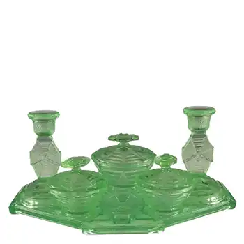 Bagley #3085 Art Deco Uranium Green Glass Trinket Set