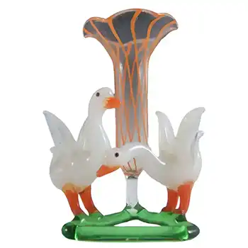Vintage Orange & White Lampworked Glass Swans Vase