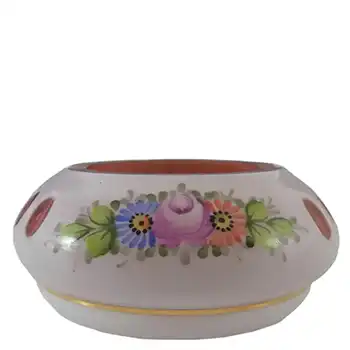 Crystalex Czech Enamelled Pink & White Overlay / Cut Glass Bowl - Label