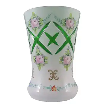 Crystalex Czech Enamelled Green & White Overlay / Cut Glass Vase