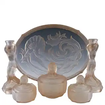 Walther & Söhne Art Deco Pink Glass 'Nymphen' Trinket Set