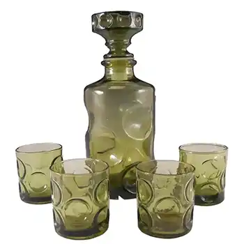 Empoli Italian Green Glass Decanter + Tumblers Set - Marked