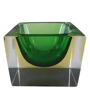 Murano Faceted Green & Amber Sommerso Glass Bowl - Label