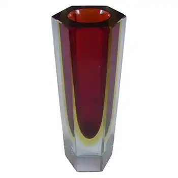 Murano Faceted Red & Amber Sommerso Glass Block Vase