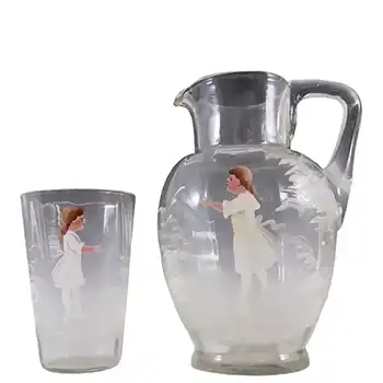 Mary Gregory Bohemian Hand Enamelled Glass Jug + Tumbler