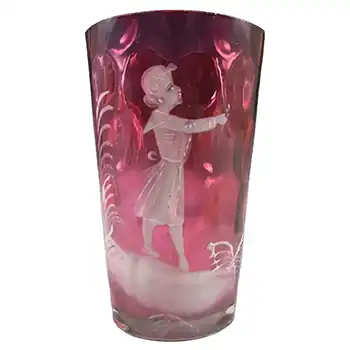 Mary Gregory Bohemian Hand Enamelled Cranberry Glass Tumbler