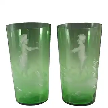 Mary Gregory Bohemian Hand Enamelled Green Glass Tumblers