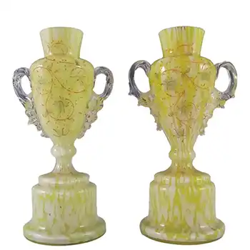 Pair of Welz Bohemian Lemon Yellow & White Spatter Glass Vases