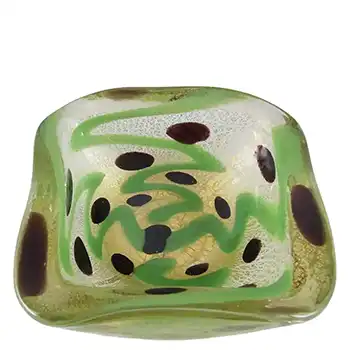 Murano Green, Black & Gold Leaf Glass Zig Zag Bowl