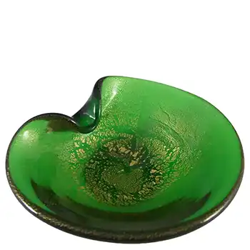 Murano 1950's Green & Gold Leaf Glass Biomorphic Bowl