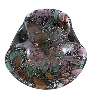 Murano Silver Leaf & Coloured Canes Black Glass Bowl