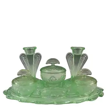 Bagley #3078 Art Deco Green Glass 'Rutland' Trinket Set