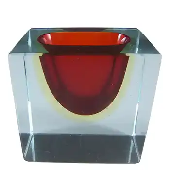 Murano Sommerso Faceted Red & Amber Glass Block Bowl