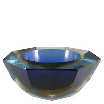 Large Murano Faceted Blue & Amber Sommerso Glass Bowl