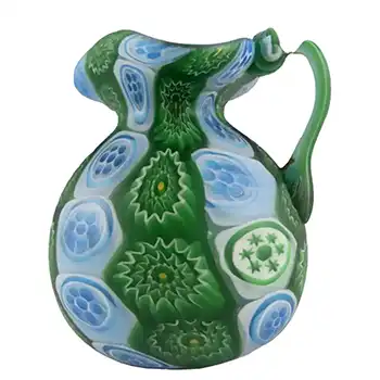 Fratelli Toso Millefiori Canes Murano Blue + Green Glass Jug