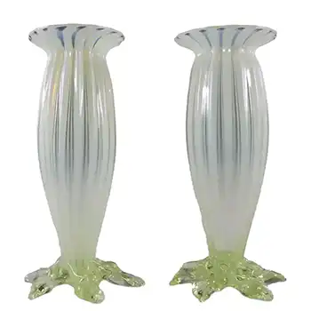 Pair of Victorian 1890's Vaseline/Uranium Glass Vases
