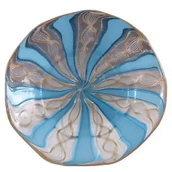 Murano Zanfirico Filigree Blue Ribbon Glass Plate / Dish