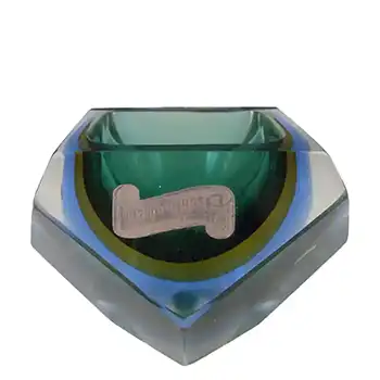Murano Faceted Green & Blue Sommerso Glass Block Bowl