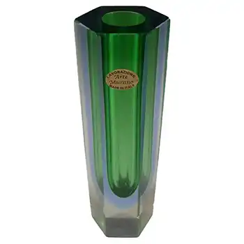 Murano 8" Faceted Green & Blue Sommerso Glass Block Vase