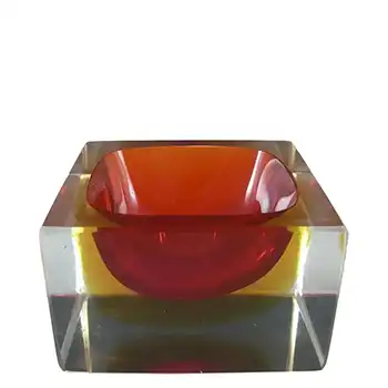 Murano Faceted Red & Amber Sommerso Glass Block Bowl
