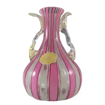 L Nason Murano Zanfirico Filigree Pink Glass Vase - Labelled