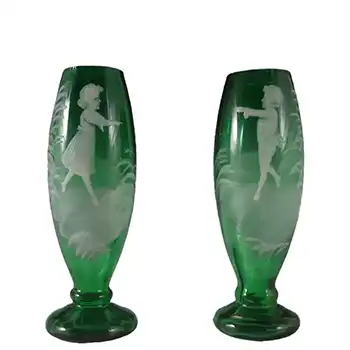 Mary Gregory Pair of Bohemian Hand Enamelled Glass Vases