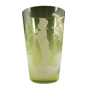 Mary Gregory Bohemian Hand Enamelled Green Glass Tumbler #3