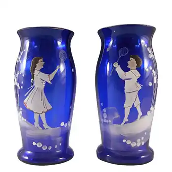 Mary Gregory Bohemian Hand Enamelled Blue Glass Vases