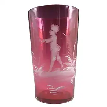 Mary Gregory Bohemian Hand Enamelled Cranberry Glass Tumbler