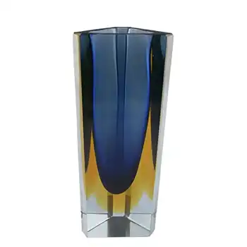 Murano Faceted Blue & Amber Sommerso Glass Block Vase